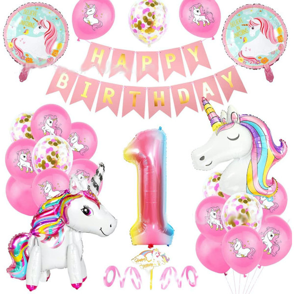1:a året Unicorn Grattis på födelsedagen Ballonger med Banner Cake Topper Latex Ballong Set Festdekoration