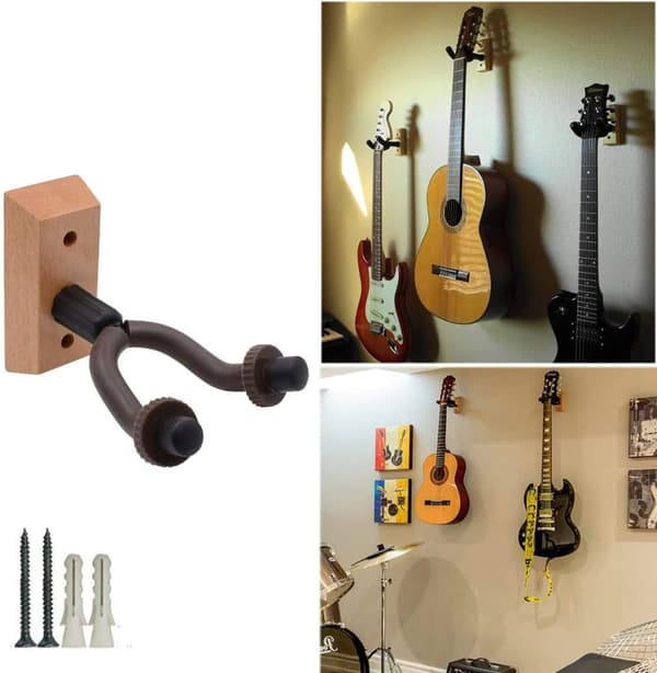 Väggfäste för gitarr i trä med vadderad krok för bas och elgitarrer