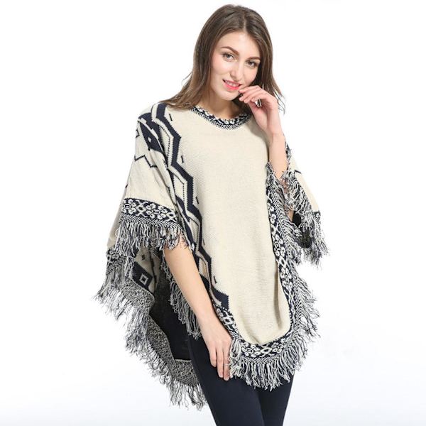 Höstvinter Cape Thicken Poncho med tofsstickad tröjakappa för dam