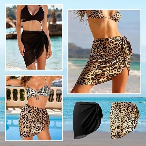 2 stk. strand-saronger til kvinder, sort og leopardmønstret bikini-cover-up