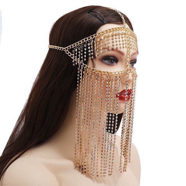 Överdriven lång tofs Metall Diamond Headwear Ytkedja Kvinnlig Ball Performance Mask