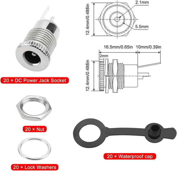 20 st 5,5 x 2,1 mm DC-strömkontakt för panelmontering med vattentäta lock