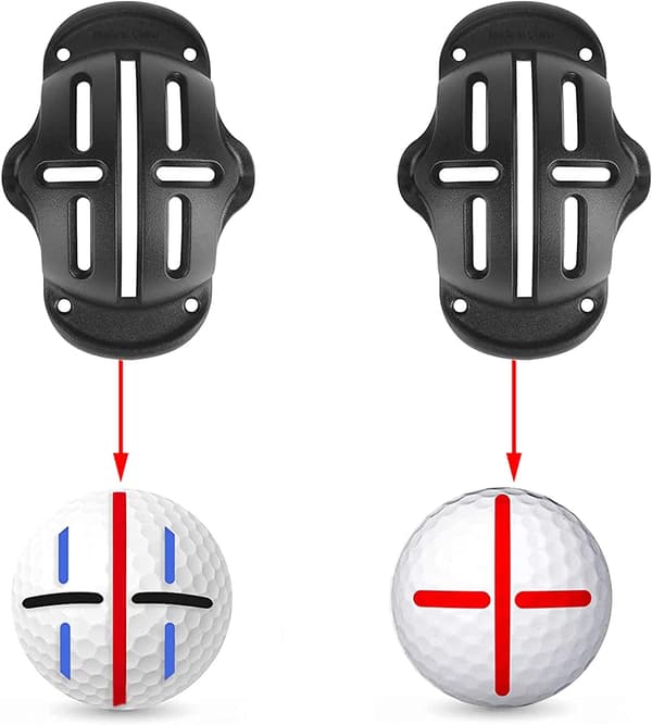 Sæt med skabeloner til markering af golfbolde, 2 justeringsskabeloner, 4 tuscher