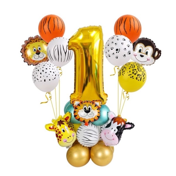 1:a års födelsedag tema ballonger Tiger Monkey Djur folie set festdekoration