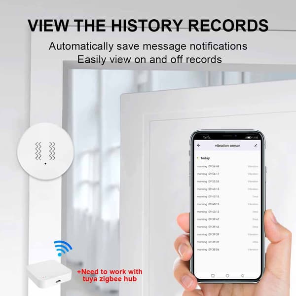 Tuya Zigbee Vibrasjons- og bevegelsessensor for smarthusautomatisering, hvit