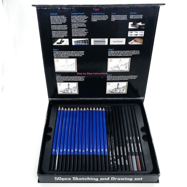 50 st skiss- och set med kolpenna Eraser Professional Art Kit för nybörjare