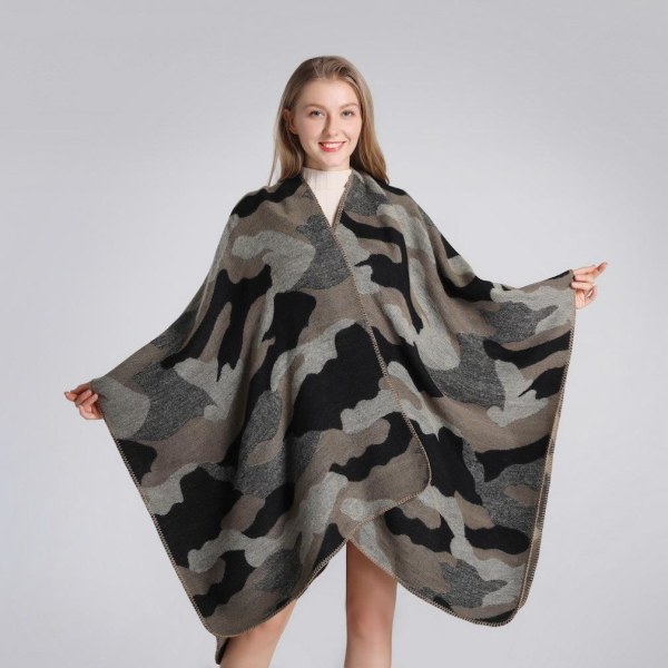 Kamouflage Pashmina Sjal Wrap Tjock Varm Poncho Öppen Front Cape for Lady