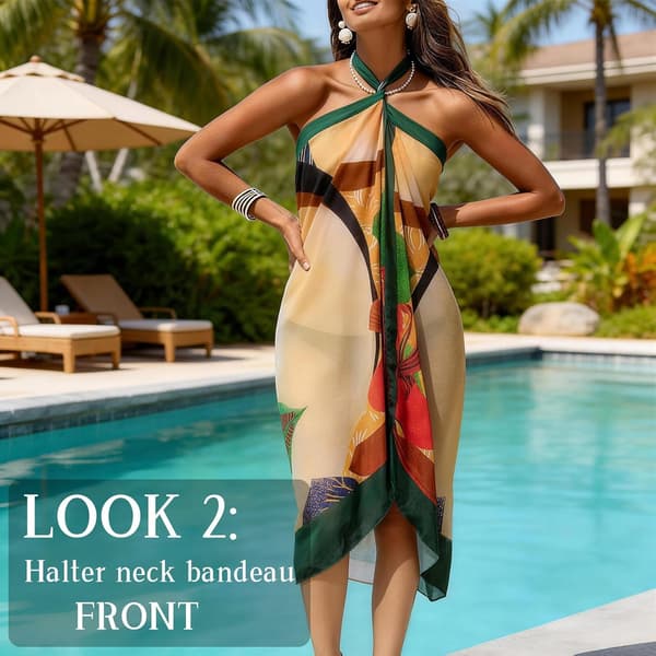 Mönstrad strand-sarong för dam, lång bikini-cover up med hög slits