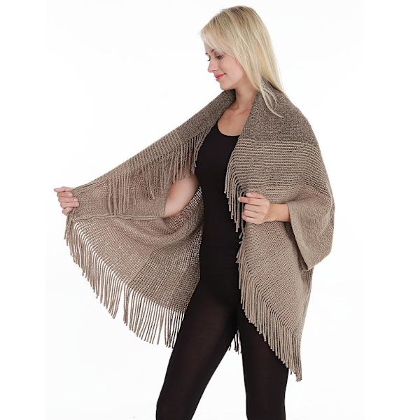 Fringed Hem Sjal Öppen Front Poncho Stickning Cardigant for Lady