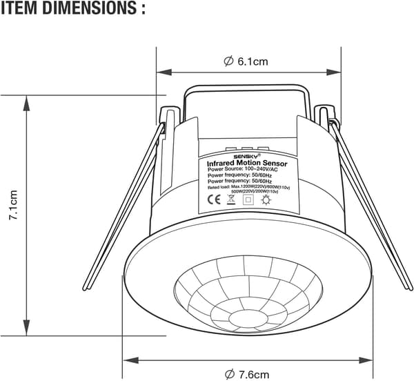 Inomhus PIR-rörelsesensor, 360° detektering, 6m räckvidd, 1200W, 100-240V AC