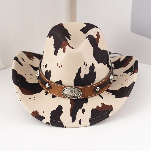 Khaki cowboyhat med ko-print til mænd og kvinder med bånd