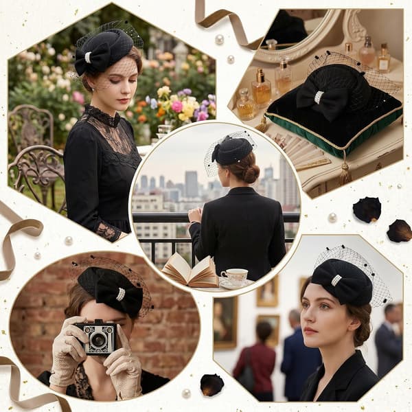 Fascinator-hatt i pillbox-stil for kvinner med slør og hodebånd til bryllup og teselskap
