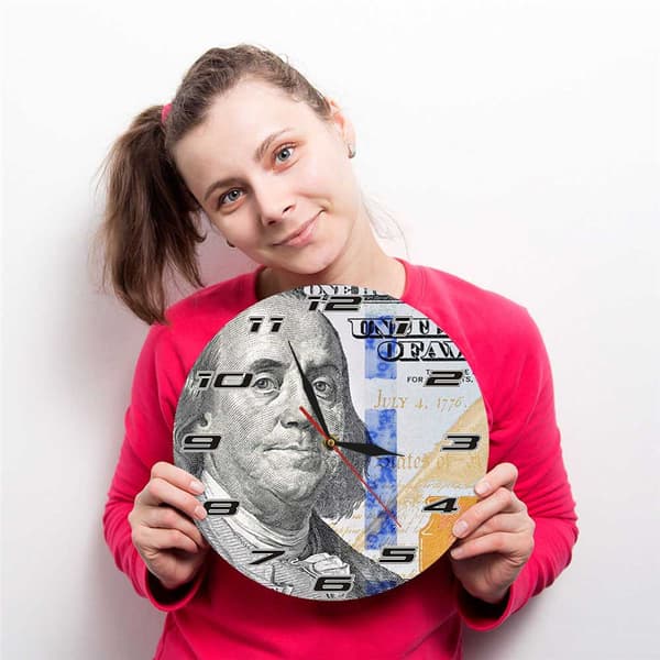 Benjamin Franklin väggklocka, 12 tums akryl 100-dollarsedel heminredning