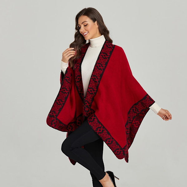 Sjalomslag Dubbelsidig Jacquard Poncho Open Front Cape för dam