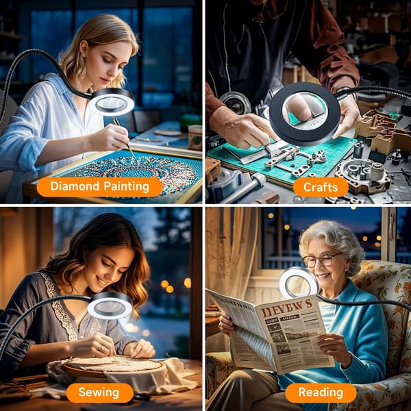 10X forstørrelsesglas med lys, 48 LED clip-on lampe, 3 farvetilstande, 9W