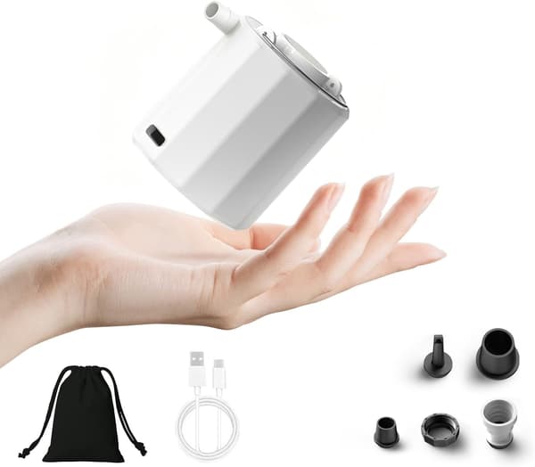 Mini-luftpumpe med campinglykt, 1600 mAh batteri, 5 dyser