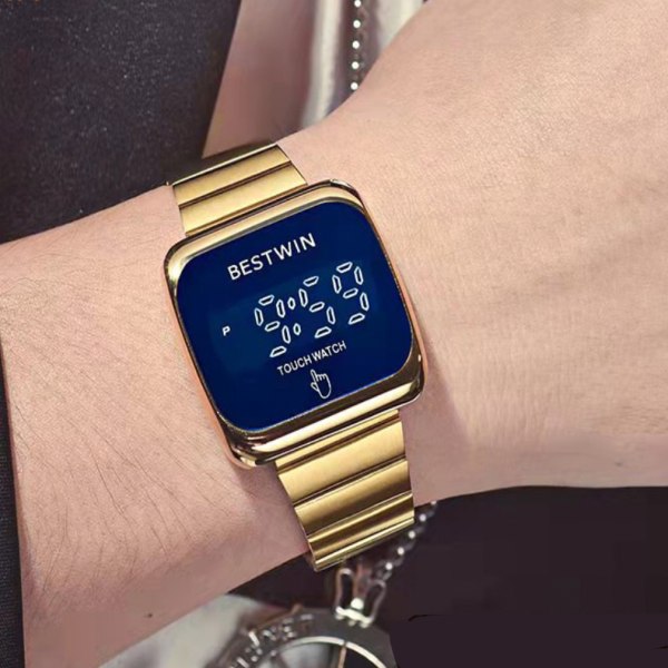 Digital watch för män Vattentät watch med ledskärm i rostfritt stål guld