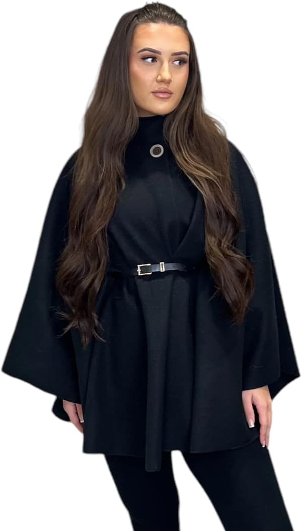 Poncho-cape med bälte för dam, oversized varm vinter-sjal, kofta och kappa