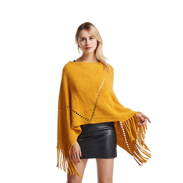 Gul Lös Sjal Pullover Stickning Poncho med Tofs Batwing Blus för Dam
