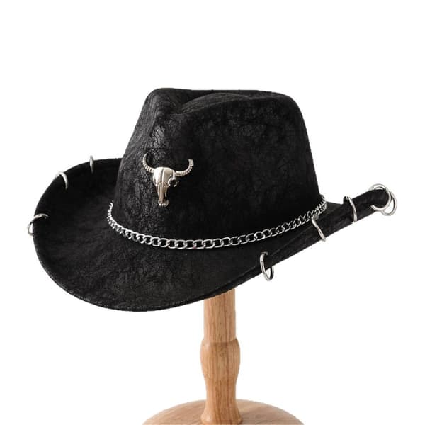 Sort PU Cowboyhat med Tyrekæde til Mænd og Kvinder