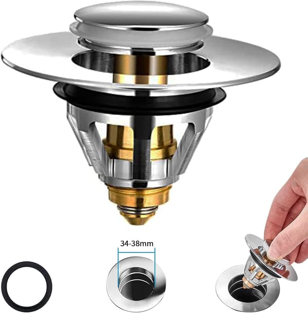 34-38mm Universell servantpropp i messing med pop-up og filterkurv