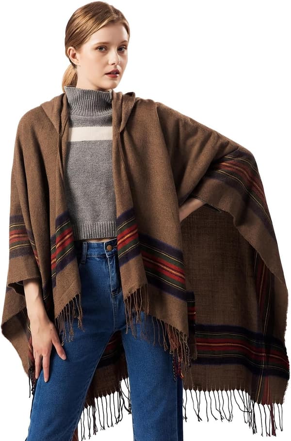Stickad poncho-sjal för dam, öppen cape med fransar, oversized kofta