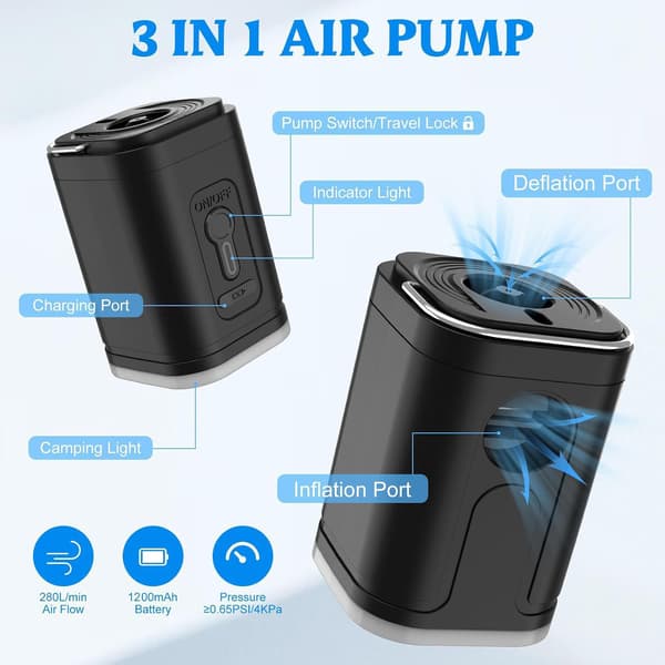 4kPa Mini elektrisk luftpump med 5 munstycken för uppblåsbara sängar och pooler