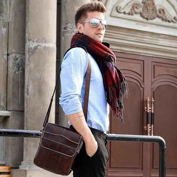 Liten Messenger Bag Herr Satchel Bag äkta läder brown