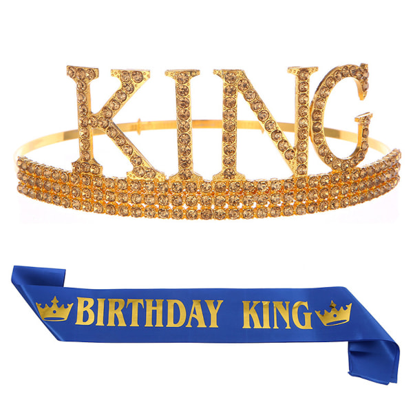 Boy King Birthday Crown Headpiece med blå axelrem