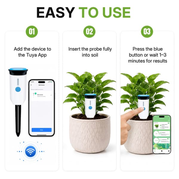 WiFi smart jordfuktighetssensor med app-overvåking og temperatursensor