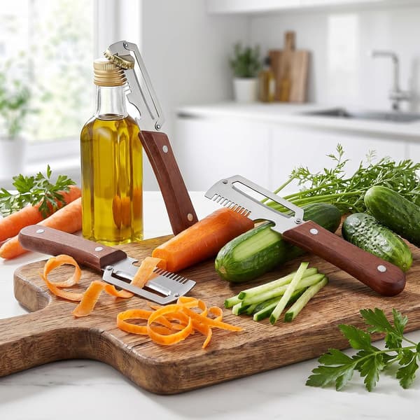 2 stk. multifunksjonell grønnsaksskreller med trehåndtak og blad i rustfritt stål