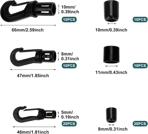 40 st ändkrokar för gummirep, 5 mm 8 mm 10 mm plastkrokar för elastiska rep