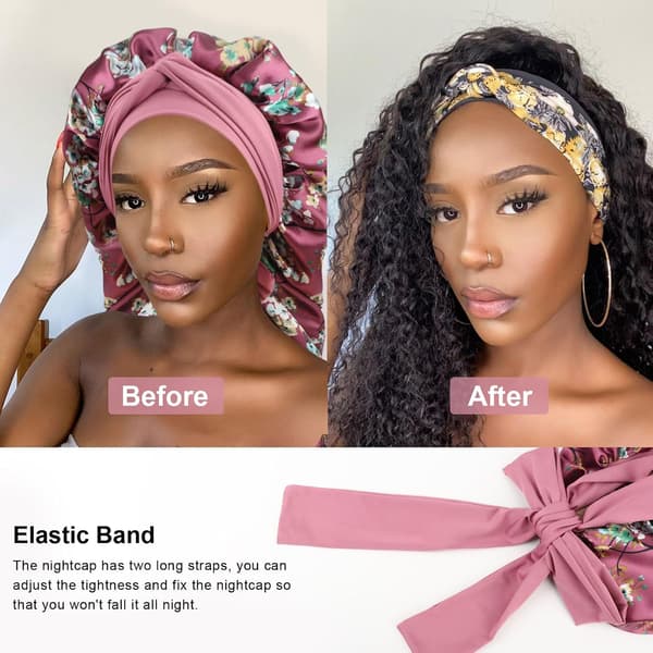Lång flätmössa i satin för sömn, justerbart knytband med scrunchie