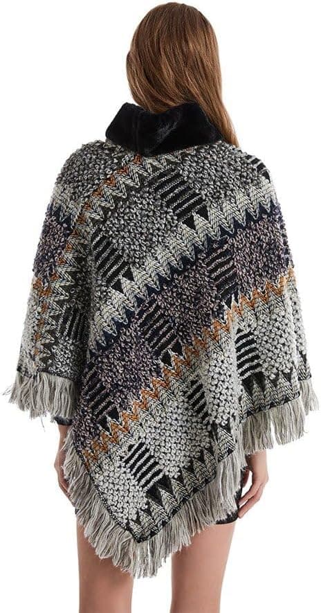 Poncho-cape i kashmir med fransar för dam, varm stickad sjal för höst och vinter
