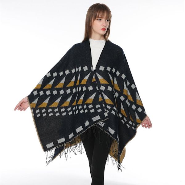 Geometrisk Jacquard Scarf Elegant Sjal Wrap Varm Poncho med Tofs för Dam