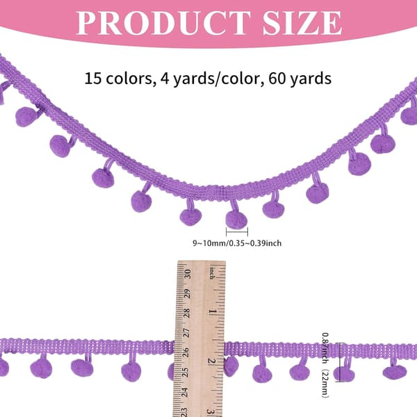 60 yards pom pom kantbånd 15 farver polyester kvastbånd til hobbyprojekter