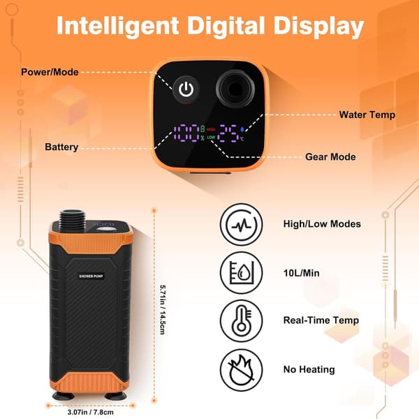 Bærbar campingbruser 8000mAh batteri LED-display 10L/min flow IPX8