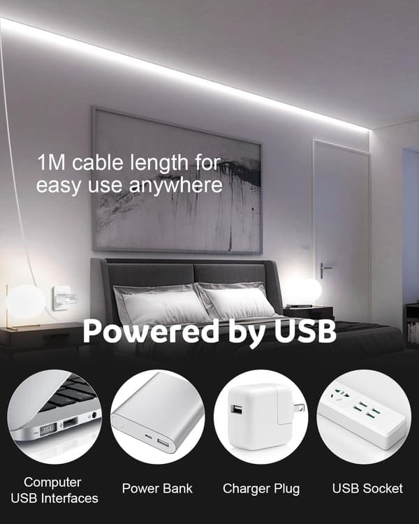 1M COB LED-stripe 5V USB 6000K kaldhvit 320 LED-er fleksibel og dimbar