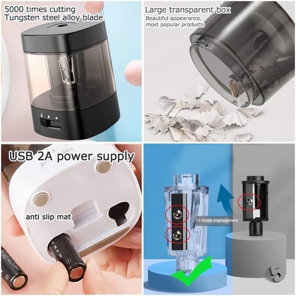 Sähkökäyttöinen teroitin, 3 asetusta, USB-virta 6-8 mm kynille, musta