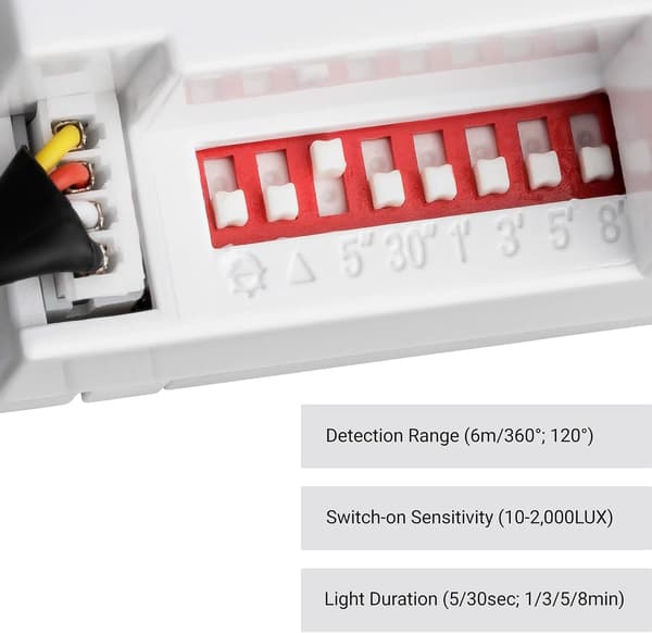 Mini PIR-rörelsesensor, 6 m räckvidd, 360° detektering, infälld montering, 220-240V