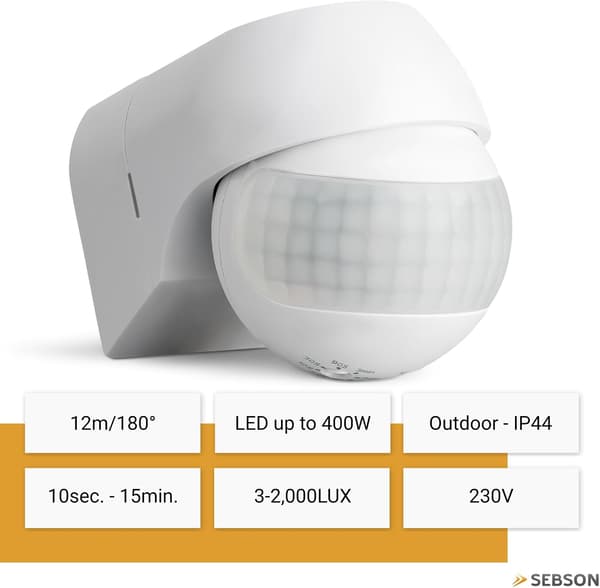 Utomhus PIR-rörelsesensor, 12m räckvidd, 180° detektering, IP44, 220-240V AC