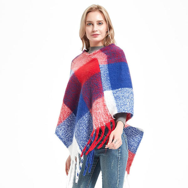 Höst Vinter Pläd Pullover Cape med Tassel Thicken Poncho for Lady