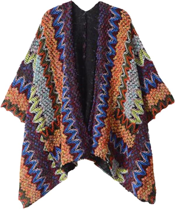 Boho-stickad ponchocape för kvinnor, etnisk virkad sjal, vinterkofta