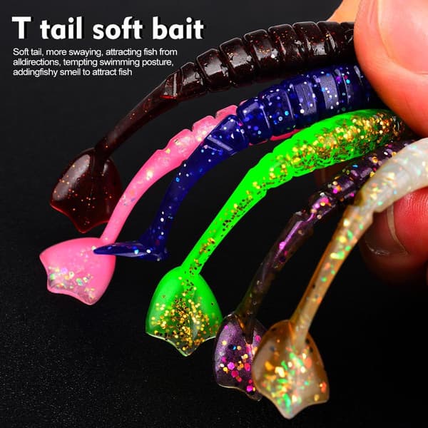 38 stk. Micro T-Tail bløde fiskeagn, 1,2 g agn med reflekterende pailletter
