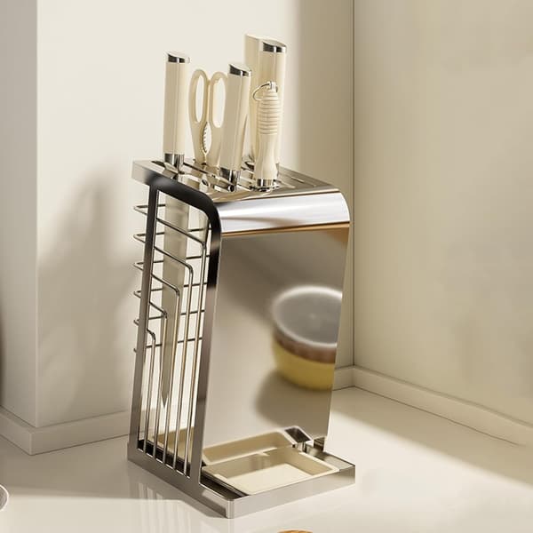 Knivblokholder i rustfrit stål med flere rum og ventileret design