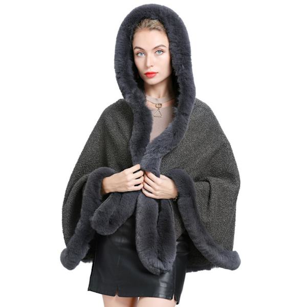 Grå lös hoodie filt sjalar med fuskpäls trimning krage varm kofta för dam