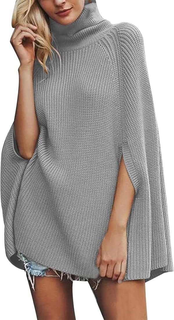 Stickad polotröja-poncho för kvinnor, oversized tröja för höst och vinter