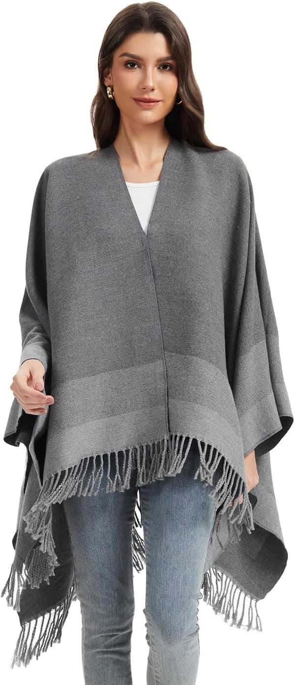Oversize poncho-sjal för dam med öppen front och tofsar, varm vintercape