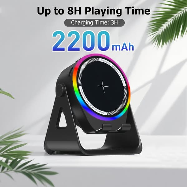Trådløs induktionshøjttaler, 5W lyd, 360° telefonholder, RGB-lys, sort