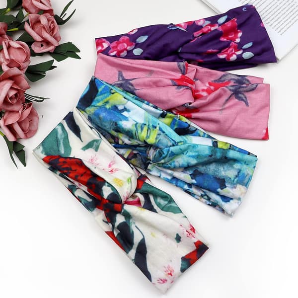4 stk. Boho blomstrede pandebånd til kvinder, bløde elastiske skridsikre hårbånd